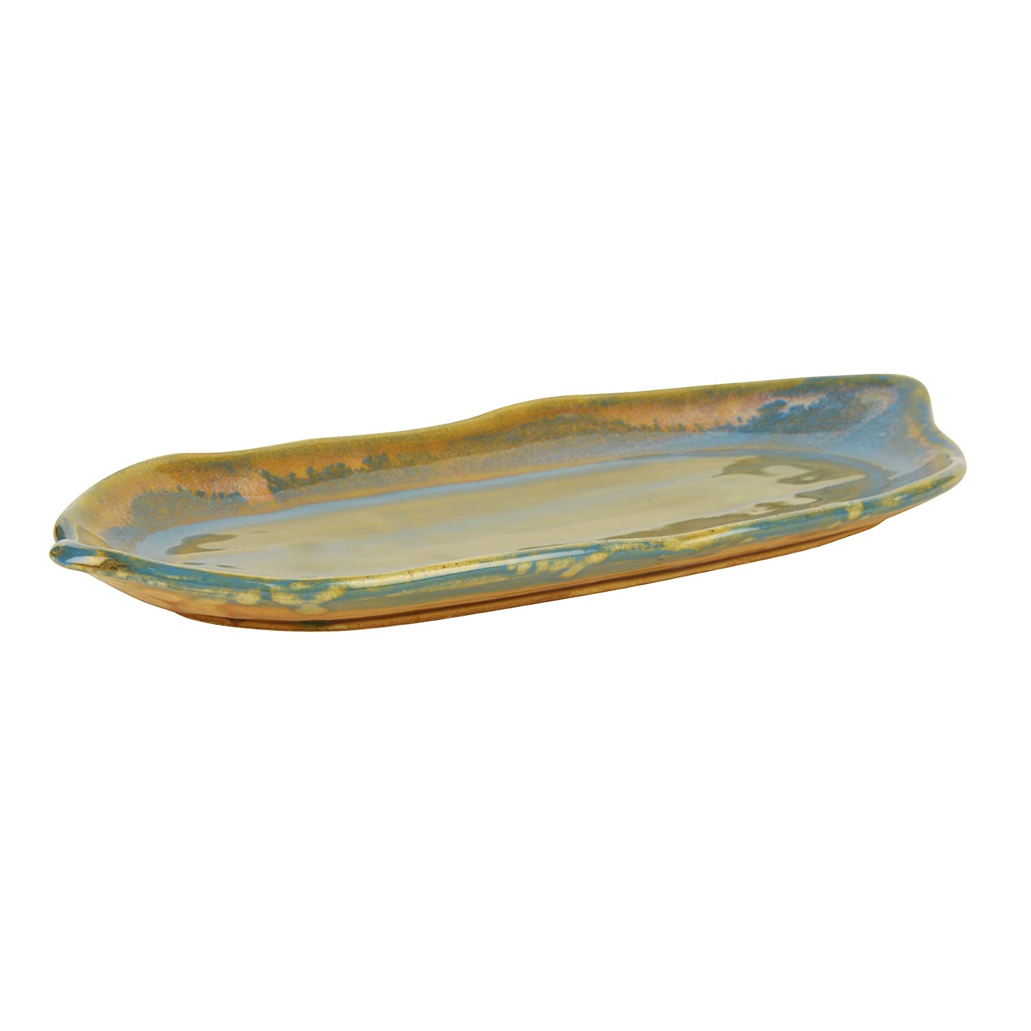 Studio Pottery Reactive Glaze Ceramic Platter - Sage Green & Blue, Length: 30 Cm, Width: 12 Cm | Starter Serving Tray