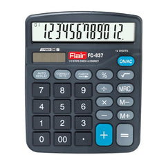 Flair Fc-837 Desktop Series Calculator | 12 Digits Calculator | Dual Power With Solar | Auto Replay With Big Display | Square Root Function | Ideal For School, College & Office | Black