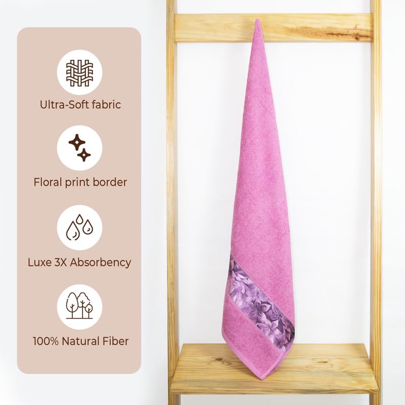 Rangoli 100% Cotton Fibre Bath Towels 450 Gsm | Highly Durable & Absorbent With Printed Border | Quick Drying Towels (Pink)