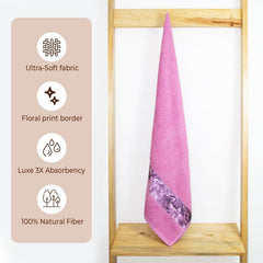 Rangoli 100% Cotton Fibre Bath Towels 450 Gsm | Highly Durable & Absorbent With Printed Border | Quick Drying Towels (Pink)