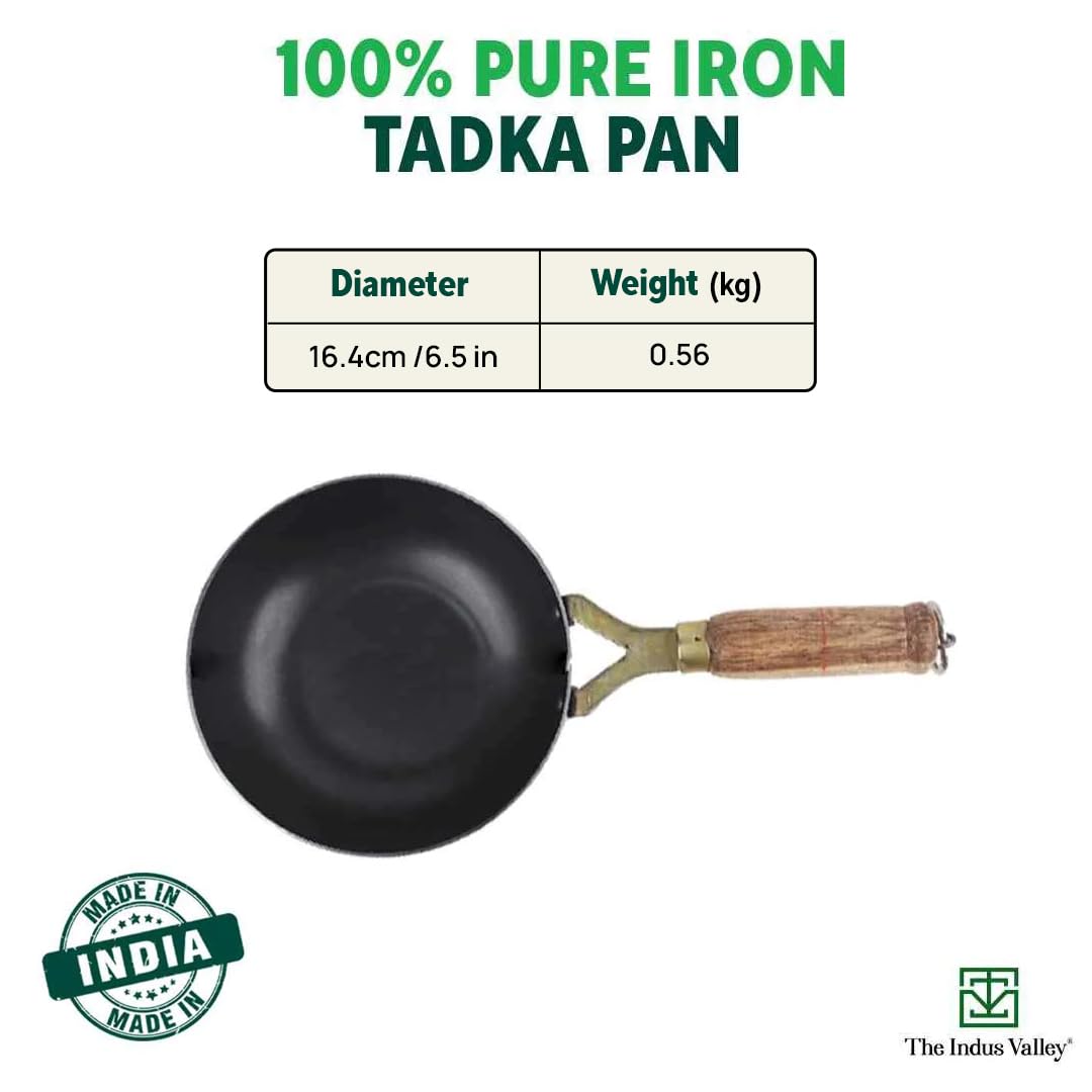 Pre-Seasoned Iron Tadka Pan With Wooden Handle - Very Small 12.7cm, 5 Inch, 0.3 Liter, 0.4 Kg | Gas Compatible - 100% Pure & Toxin-Free, No Chemical Coating