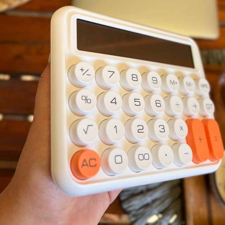 Skofri Mechanical Calculator 12 Digit Extra Large 5-inch LCD Display, Battery Desk Calculator, Big Buttons Easy To Press Use As Office Calculators Desktop, 15°tilt Screen For Kids Calculator (White)