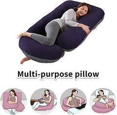 J Shaped Pillow, Pregnancy Pillow For Maternity & Baby Nursing - Grey & Dark Blue | Pregnant Women Stomach, Spine, Neck Support, Velvet Outer Cover With Zip, Adjustable, Multipurpose Use