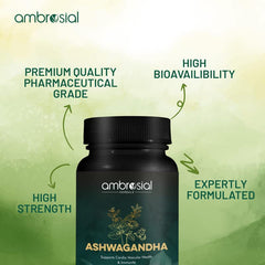 Ambrosial Ashwagandha 500mg Herbal Supplement 100% Natural & Vegan High Strength, Immunity Support, Improves Blood Flow & Reduces Cortisol Levels | 60 Capsules 100gm 0.2lbs
