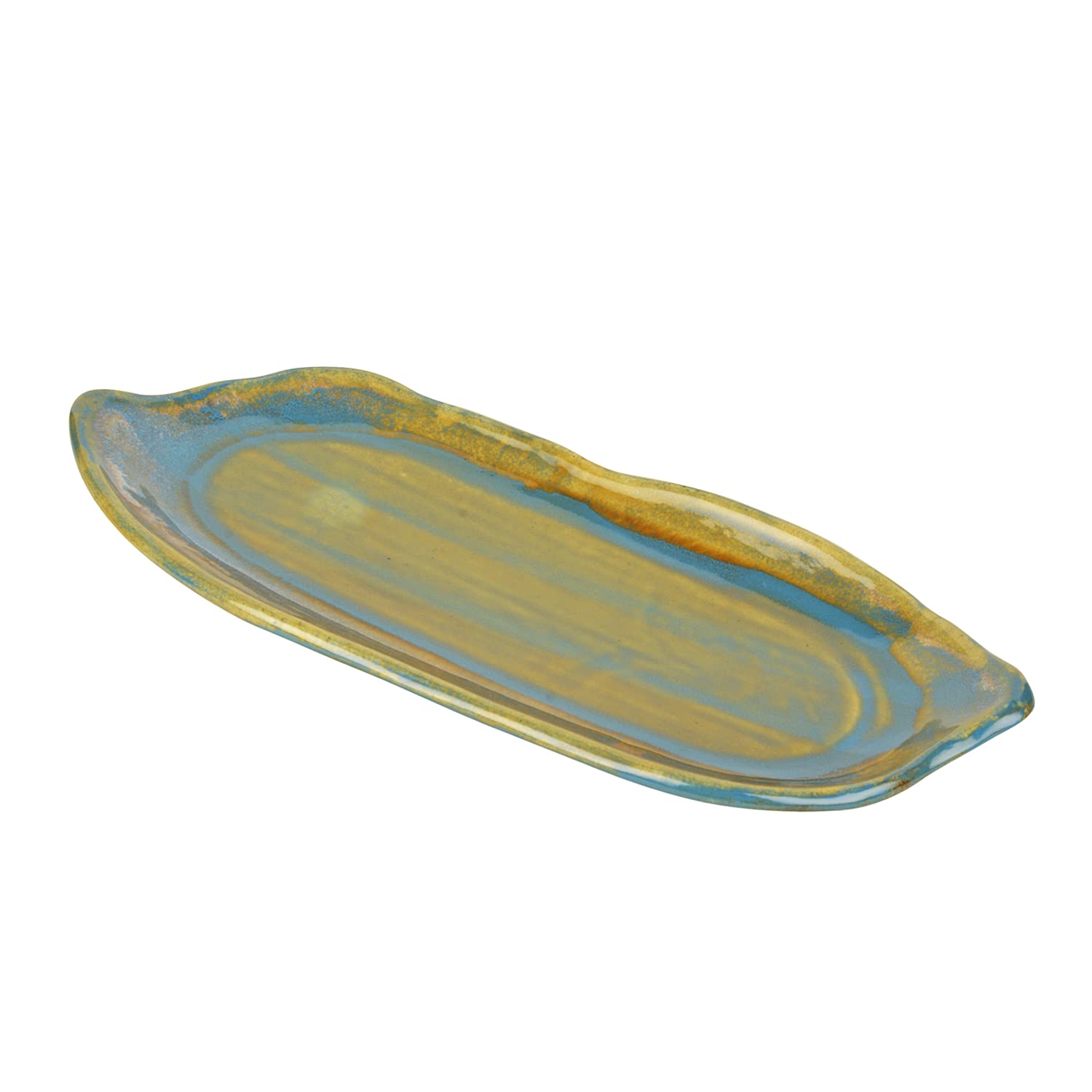 Studio Pottery Reactive Glaze Ceramic Platter - Sage Green & Blue, Length: 30 Cm, Width: 12 Cm | Starter Serving Tray