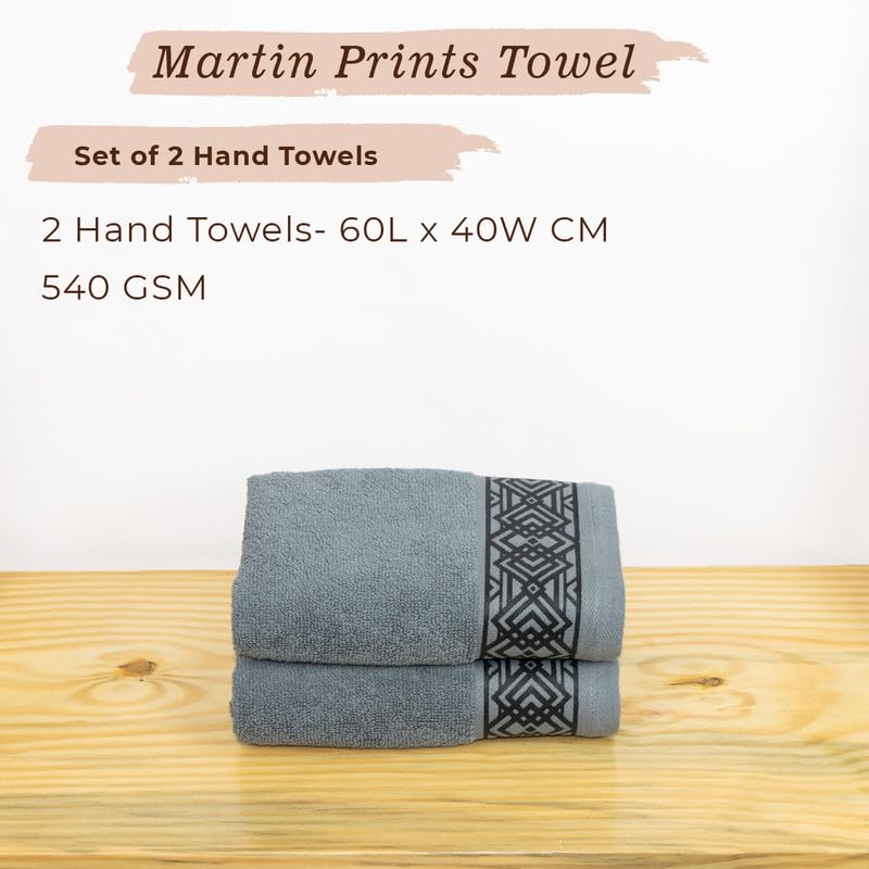 Rangoli 100% Cotton Fibre 2 Hand Towels 400 Gsm | Highly Durable & Absorbent Towel | Skin-Friendly & Quick Drying Luxury Towels (Grey) - Pack Of 2