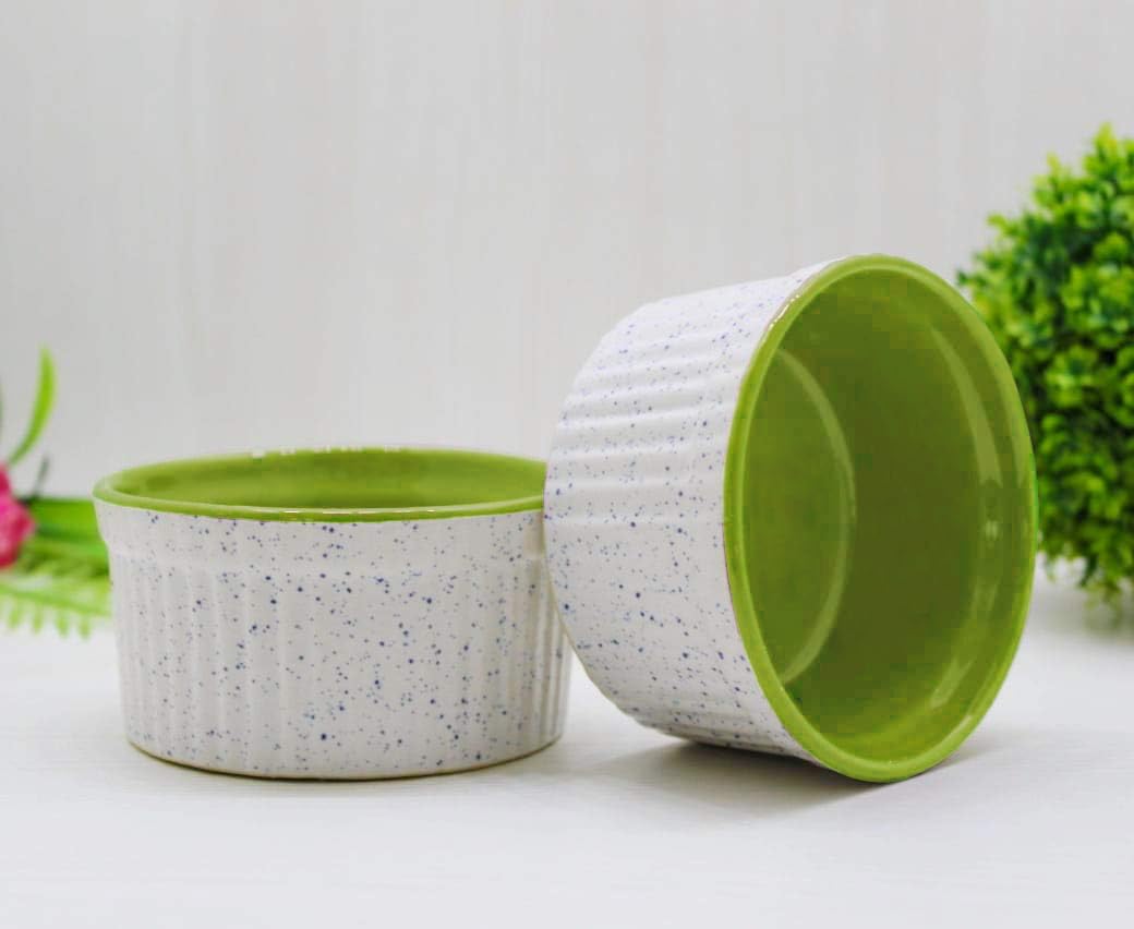 Studio Pottery Ceramic Dessert Dip Bowls Set Of 2 - 150ml Each, White & Green | Chutney Bowls - Ketchup Bowls