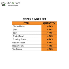 Designer Stainless Steel Delight Laser Bloom Leaf Dinner Set Of 32 Pieces | 4 Dinner Plates+ 4 Glasses+ 4 Bowls+ 4 Chutney Bowls+ 4 Pudding Bowls+ 4 Dessert Spoons+ 4 Dessert Fork+ 4 Tea Spoons