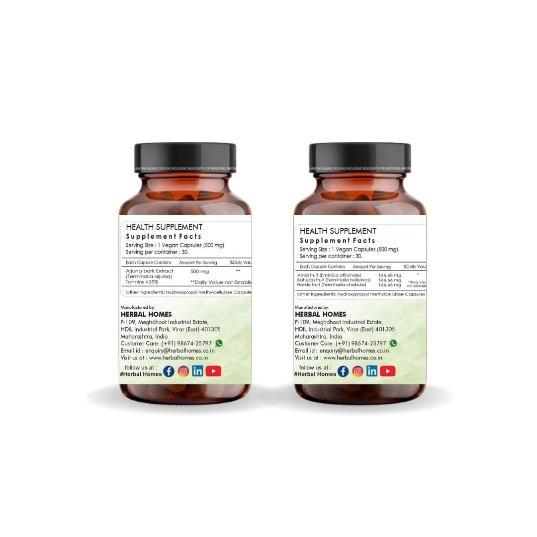 One Tree By Herbal Homes Arjuna 500mg Extract Vegan Capsule & Amla, Baheda With Haritaki , Helps Alleviate Symptoms Of Constipation & Gastric Issues | 30 Vegan Capsule 50gm 0.1lbs Each Pack Of 2