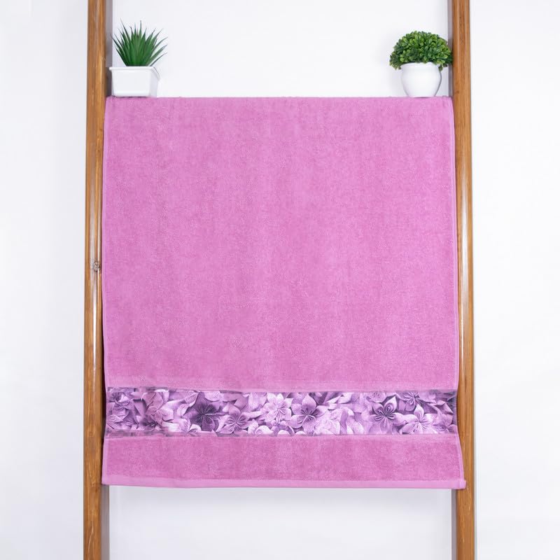 Rangoli 100% Cotton Fibre Bath Towels 450 Gsm | Highly Durable & Absorbent With Printed Border | Quick Drying Towels (Pink)