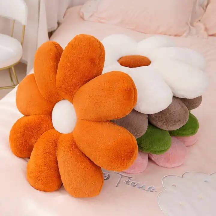 Sunflower Shaped Throw Pillows, Cute Stuffed Decorative Pillows, Orange & White - 35 Cm | Floor Cushion For Girls Bed Room, Couch Sofa, Chair, Aesthetic Décor | Washable, Versatile Use