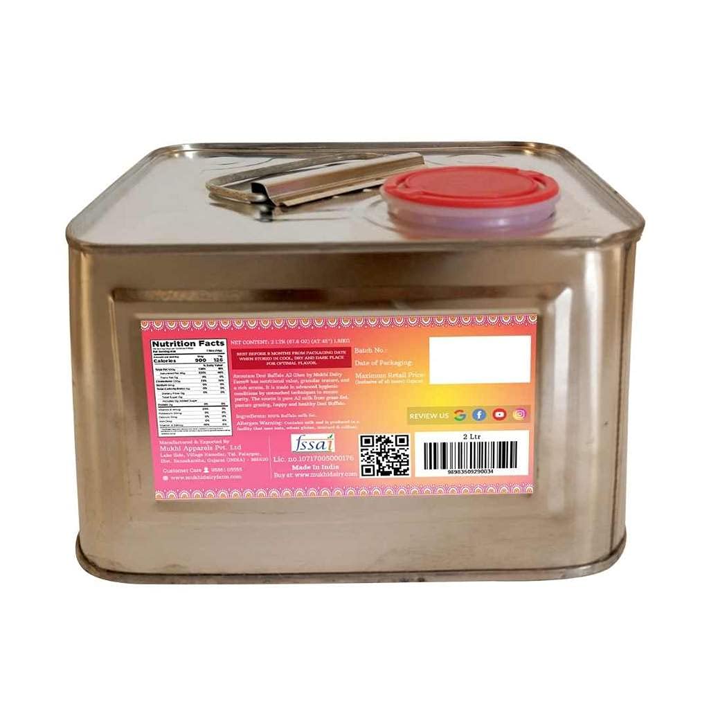 Natural Premium Amrutam A2 Desi Buffalo Ghee By Mukhia | Delicious Healthy & Nutritious Buffalo Desi Ghee Good For Parathe | (2 Litre) 67.6 Ounce | Tin Pack