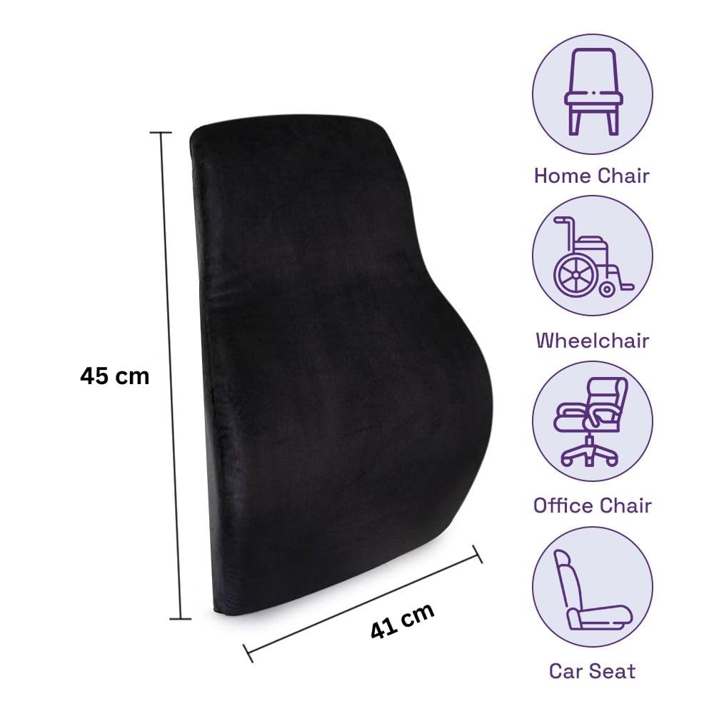 Memory Foam Pillow, Back Support, For Office Chair, Black - 45 X 41 X 12 Cm | Car Seat Back Support, Velvet Finish, Lightweight, Full Back Support, For Back Pain Relief - Pack Of 1