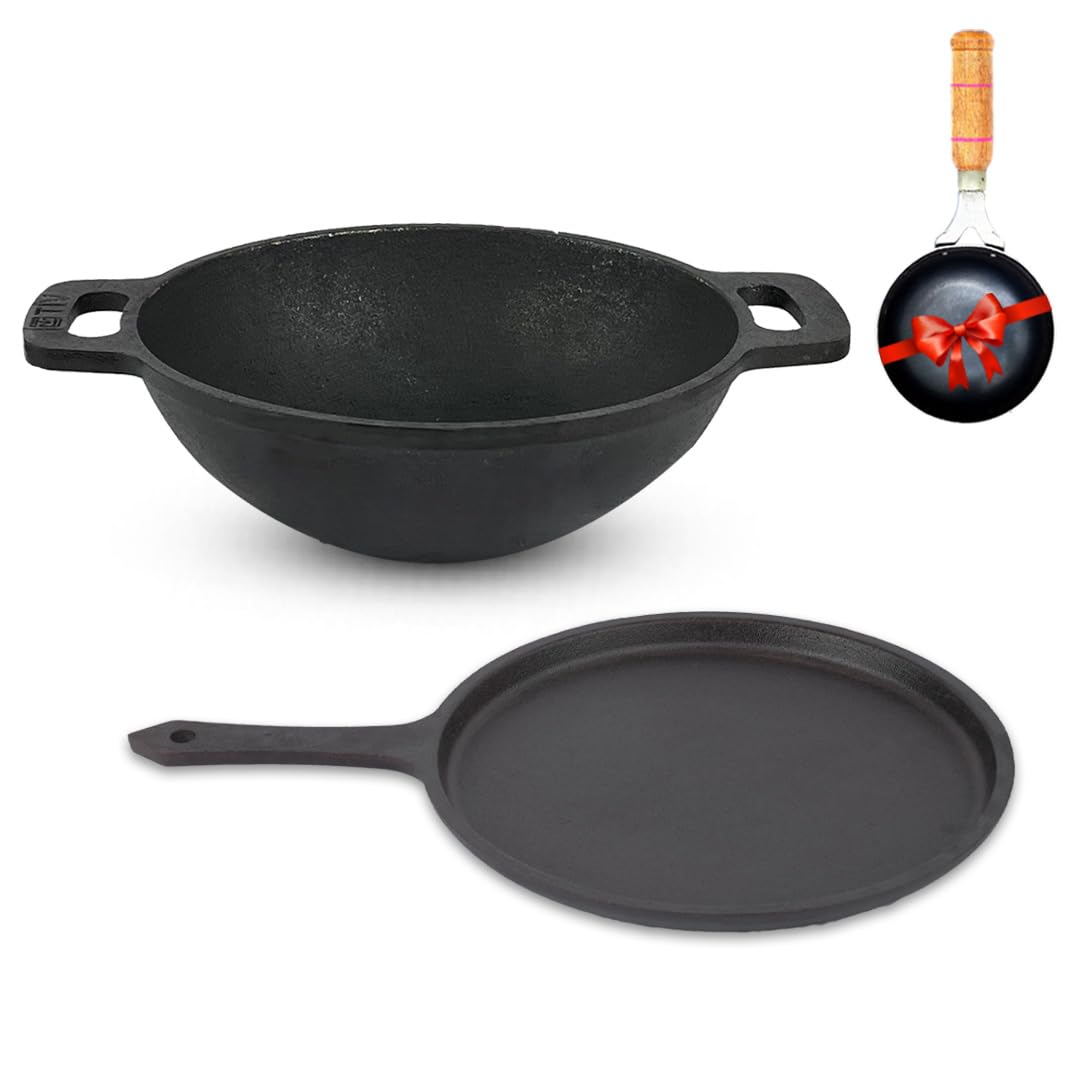 Pre-Seasoned Black Cast Iron Cookware Set + Free Tadka Pan - Kadai 25.4cm, 2.4 Liters + Tawa 25.7cm | Kitchen Cooking Combo Pots & Pans Set Of 3 Pcs - Naturally Nonstick