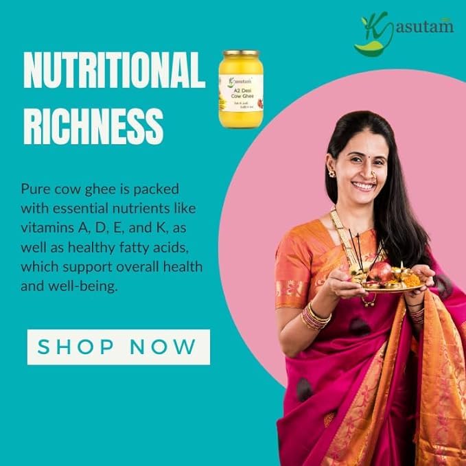 100% Natural A2 Desi Cow Ghee By Kasutam | Rich In Vitamins, Minerals Healthy Desi Cow Ghee Perfect For Overall Health | 2 Litre (1 Litr * 2) 67.6 Ounce | Jar Pack
