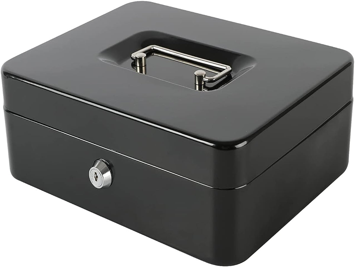 Cash Box Metal Money Box With 4 Bill 5 Coin Cash Tray Coin Compartment And Key Lock, 11.8l X 9.5w X 3.5h Inches, Colour - Black