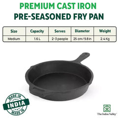 Pre-Seasoned Black Cast Iron Fry Pan Or Skillet With Silicone Grip - Medium 25cm, 10 Inch, 1.6 Ltr, 2.4 Kg | Induction Friendly, Nonstick Fry Pan, 100% Pure & Toxin Free, No Chemical Coating