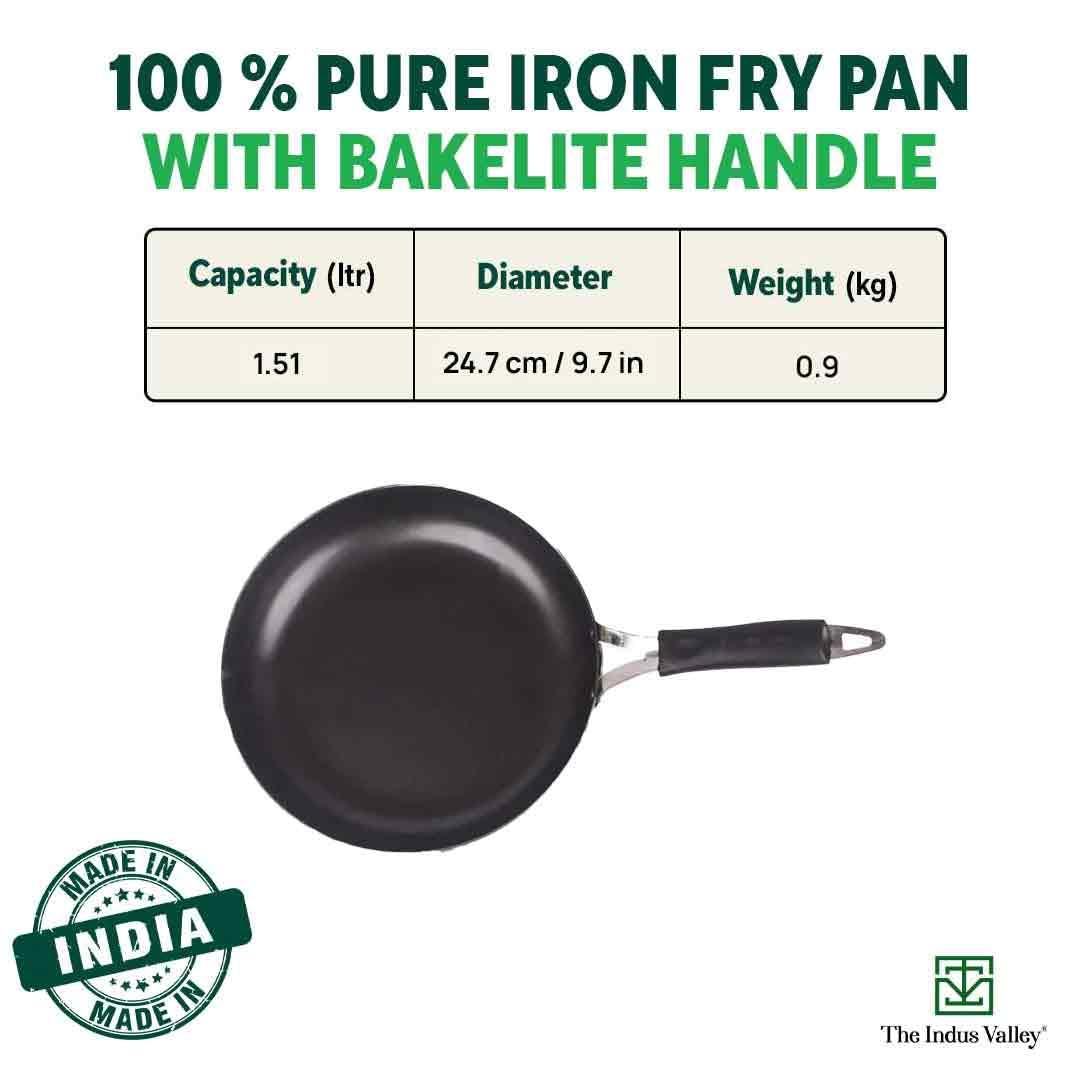 Pre-Seasoned Black Iron Fry Pan With Bakelite Handle - Medium, 24.7 Cm, 9.7 Inch, 1.5 Ltr, 0.9 Kg | Induction Friendly, Pre-Seasoned Fry Pan, 100% Pure & Toxin-Free, No Chemical Coating