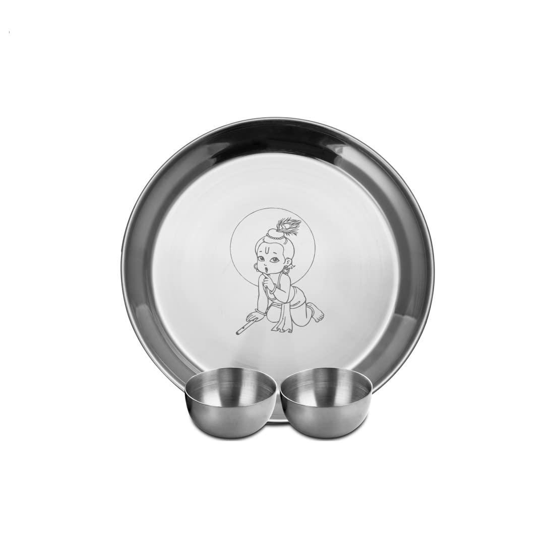 Stainless Steel Kanha Ji Pooja Thali Set Of 3, Silver | 1 Pooja Thali+ 2 Katoris - Easy To Clean & Dishwasher Safe
