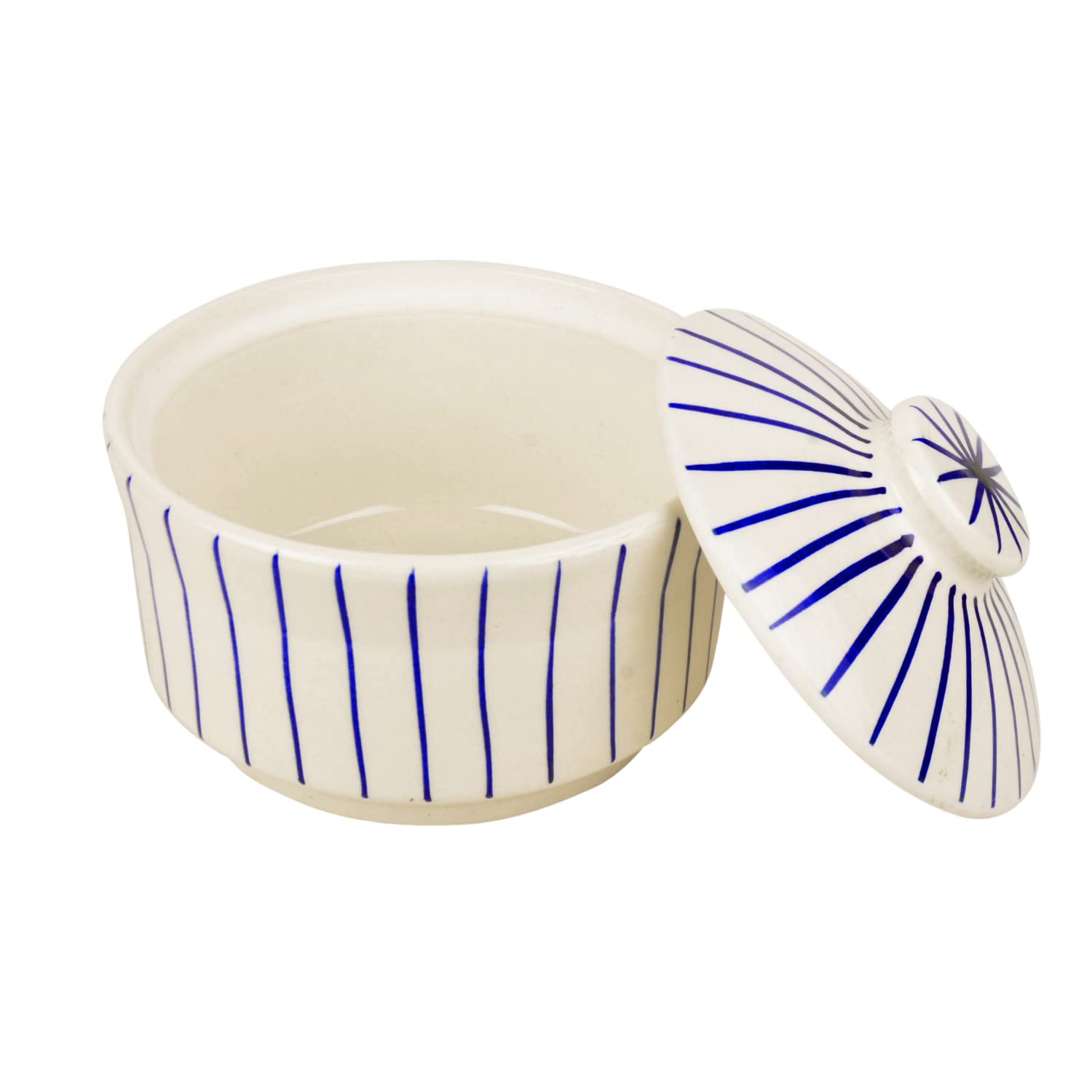 Ceramic Striped Serving Donga With Lid, White & Blue - Diameter 16 Cm, 1000ml | Dinner Serving Bowl - Kitchen Bowl