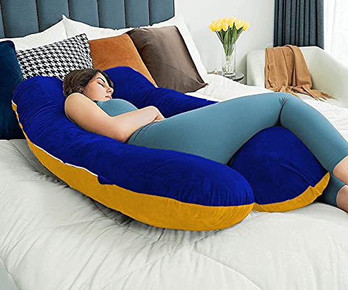 U Shaped Pillow, Pregnancy Pillow For Maternity & Baby Nursing - Gold, Royal Blue | Pregnant Women Stomach, Spine, Neck Support, Velvet Outer Cover With Zip, Full Body Pillow, Adjustable
