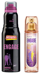 Engage Nudge Deodorant For Men Spicy & Woody  Skin Friendly 220ml 7.4 Fl.oz. & W2 Perfume Spray For Women Floral & Fruity Skin Friendly 120ml 4 Fl.oz.