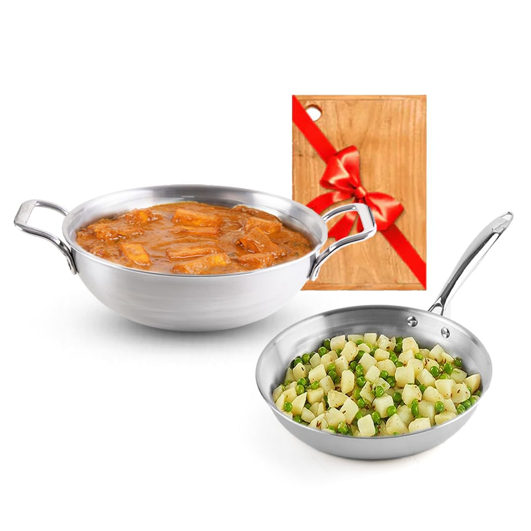 Triply Stainless Steel Cookware Set + Free Wooden Chopping Board | Kadai 23 Cm, 2.7 Liters + Fry Pan 25.4 Cm, 1.7 Liters - Kitchen Cooking Combo Pots & Pans Set Of 3 Pcs | Naturally Nonstick