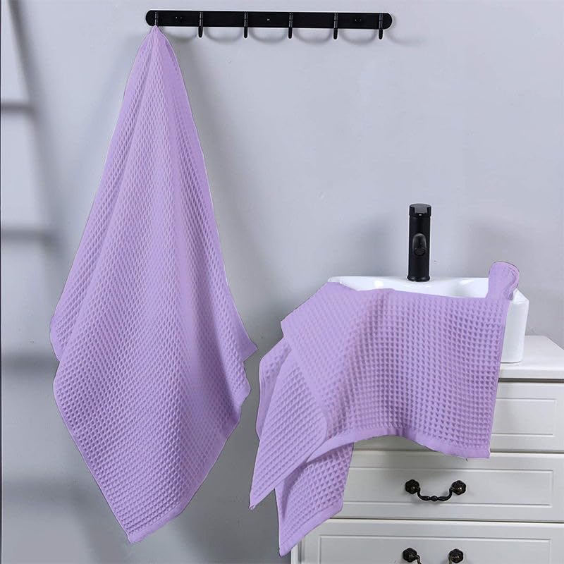 Enchant Home Pure Cotton Waffle Towel 500 Gsm | Lightweight Anti-Microbial & Water Absorbent Soft Touch Quick Drying Hand Towels | Lavender (Pack Of 4)