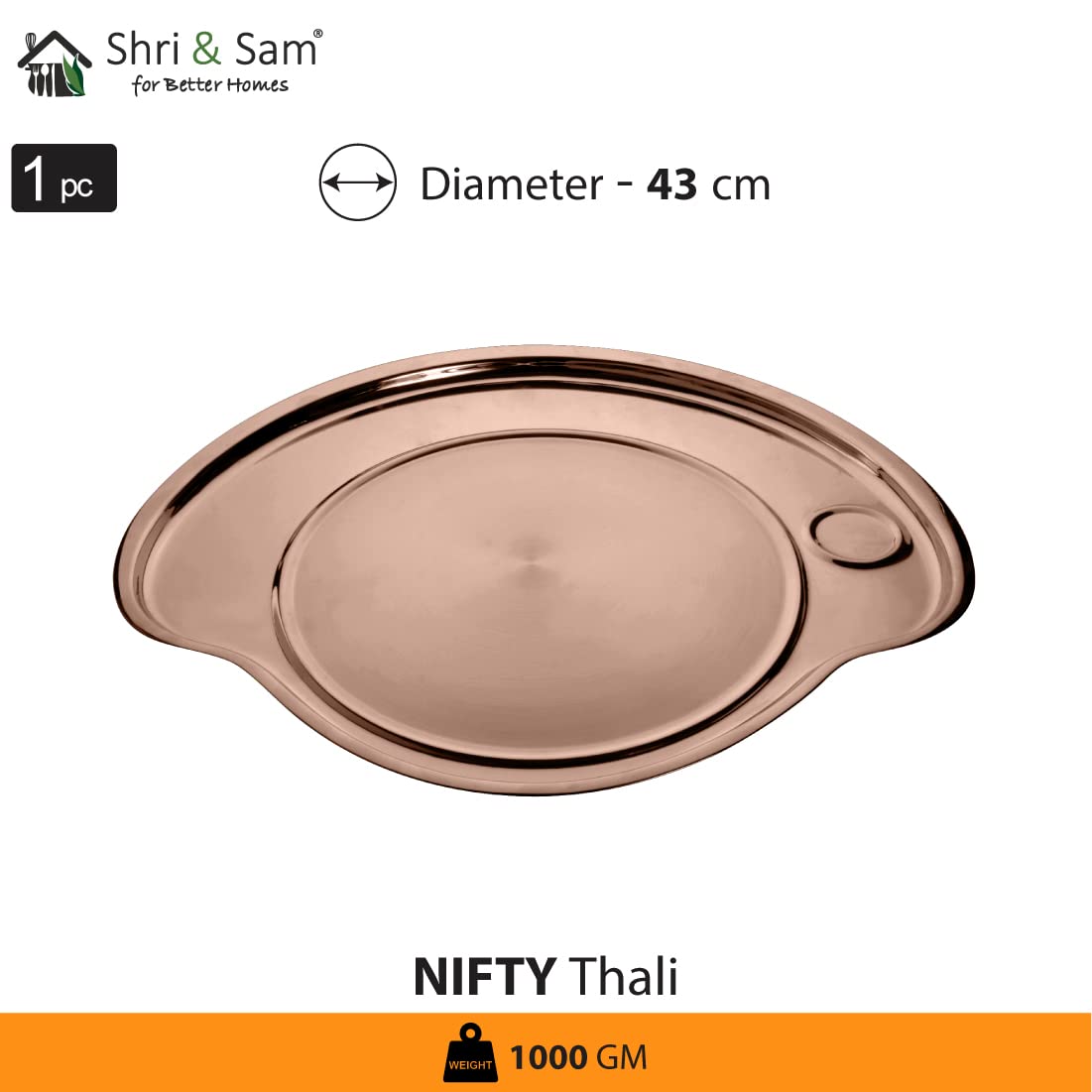 Stainless Steel Rose Gold Nifty Thali Set Of 9 Pieces, Copper | 5 Katoris+ 1 Glass+ 1 Quarter Plate+ 1 Full Plate+ 1 Dessert Spoon