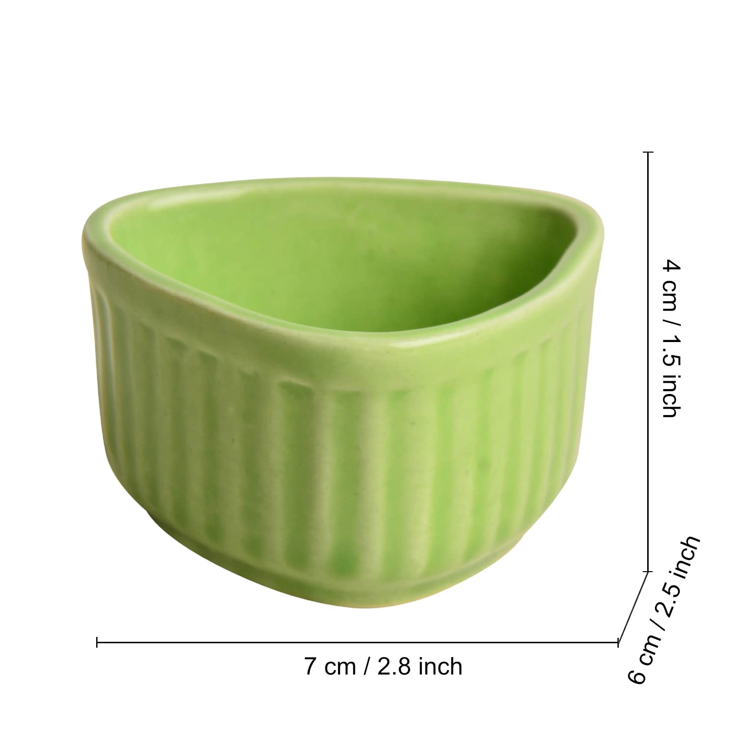 Handcrafted Ceramic Triangular Ribbed Dip Bowls Set Of 4 - Green, 50ml Each | Chutney Bowls - Ketchup Bowls