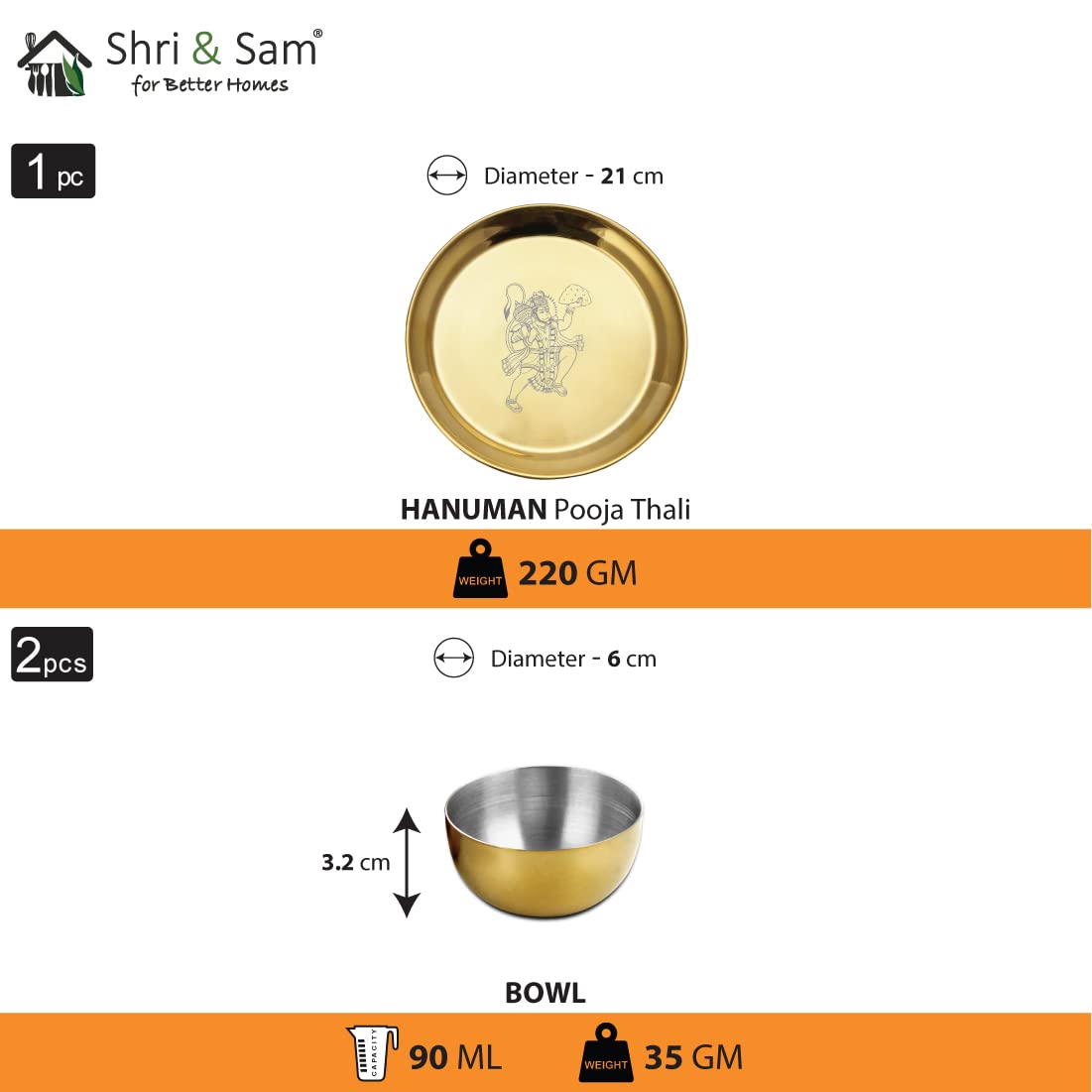 Stainless Steel Hanuman Ji Pooja Thali Set Of 3, Gold PVD Coating | 1 Pooja Thali+ 2 Katoris - Easy To Clean & Dishwasher Safe