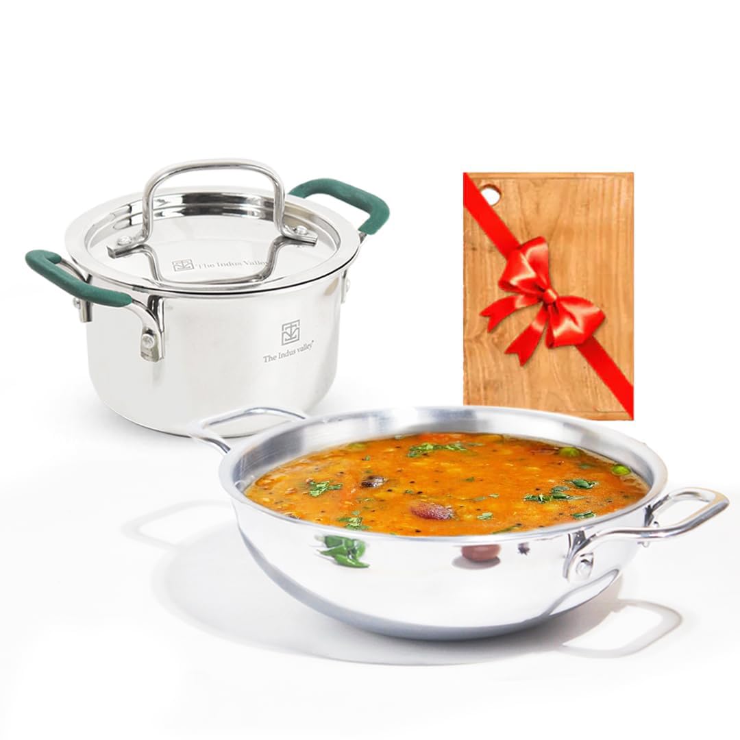 Triply Stainless Steel Cookware Set + Free Wooden Chopping Board | Kadai 23.4cm, 2.7 Liters + Stock Pot 16.7cm, 1.4 Liters - Pack Of 3 | Induction Friendly, Nonstick 3-Layer Body, 100% Pure & Toxin-Free