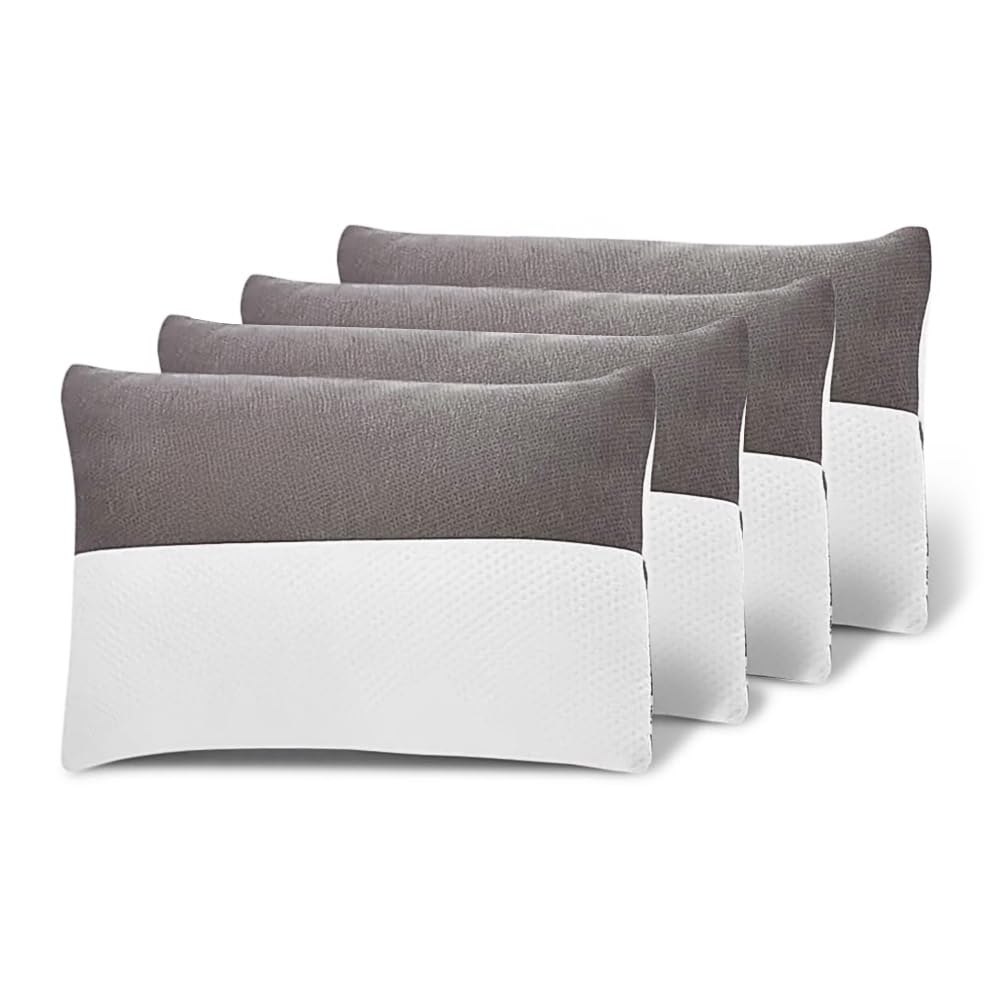 Adjustable Hollow Fiber Sleeping Pillow With Zip, White & Grey, Standard Size, Set Of 4 | Microfiber, Bed Pillow, Fluffy & Medium Firm, For Back, Side & Stomach Sleepers