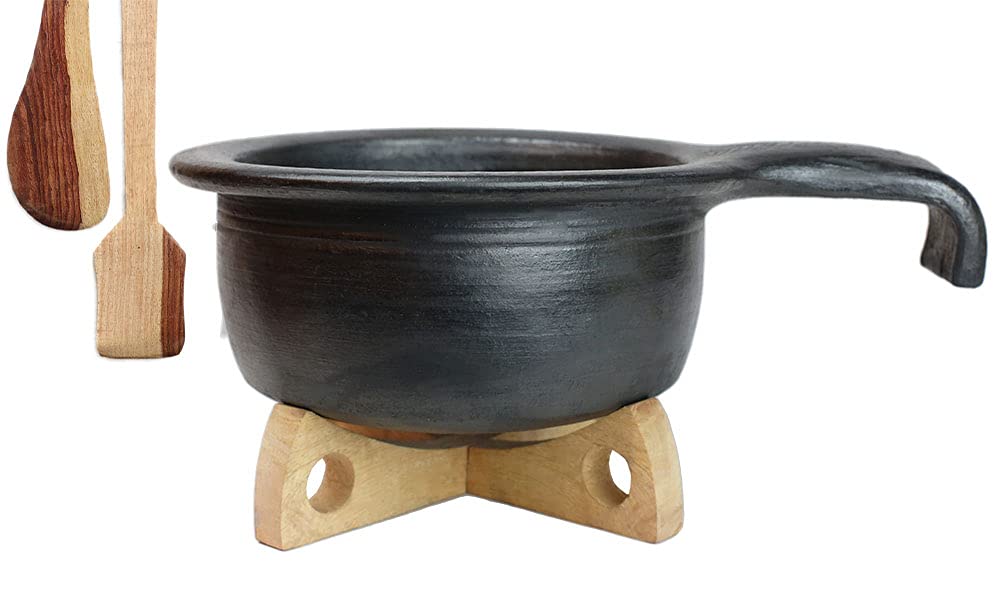 Uncoated Clay Fry Pan For Cooking & Serving With 2 Wooden Spatulas Complimentary - Black, 1.5 Liters | Pre-Seasoned Mud Vessel - Unglazed, Double Fired, Hand Crafted | Mitti Tadka Pan