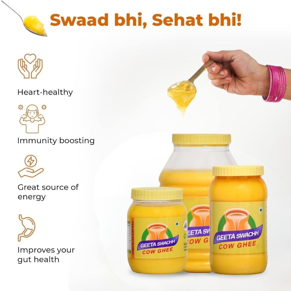 Organic Cow Desi Ghee By Geeta Swachh | Natural & Healthy Curd-Churned Desi Cow Ghee Good For Cooking, Frying | (5 Litre) 169.0 Ounce | Jar Pack
