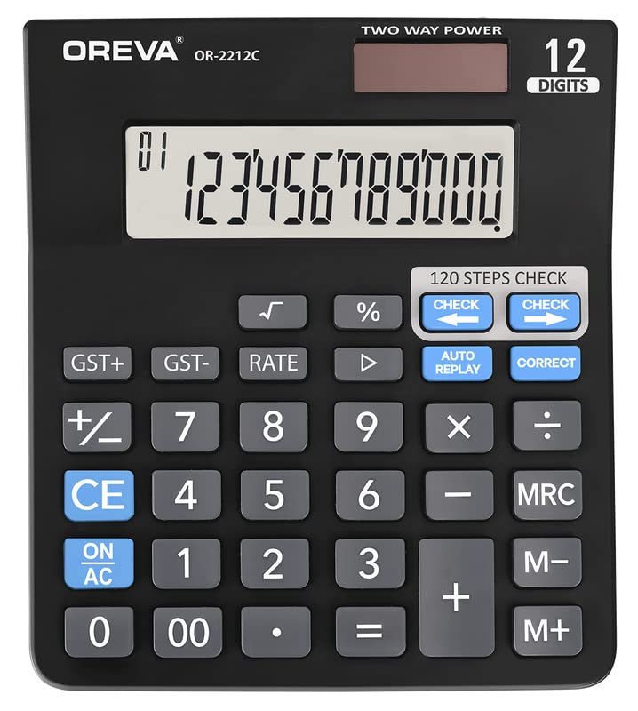 Oreva OR-2212 C Solar & Battery Desktop Calculator With Large Display & Big Sensitive Button | Standard Function Calculator For School, Collage, Home, Office, Shop | Students & Financial Work | Black