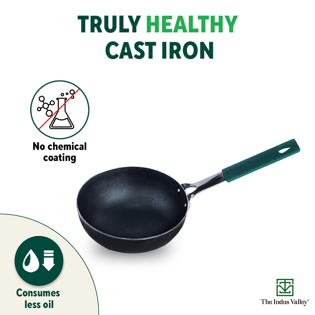 Pre-Seasoned Black Iron Tadka Pan With Silicon Grip - Small 12.7 Cm, 5 Inch, 340ml, 0.43 Kg | Gas Compatible, 100% Pure & Toxin-Free, No Chemical Coating