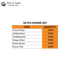 Stainless Steel Shagun Solid Dinner Set Of 30 Pcs, Silver | 5 Dinner Plates+ 5 Bidding Bowls+ 5 Pudding Bowls+ 5 Glasses+ 5 Dinner Spoon+ 5 Dinner Fork