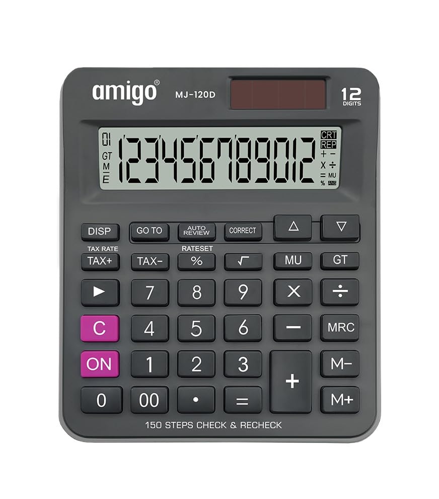 Amigo MJ-120D, Desktop Calculator, Large 12-Digit Display, 120 Steps Check, Memory Keys | Calculator Is Perfect For Use In The Office, Classroom