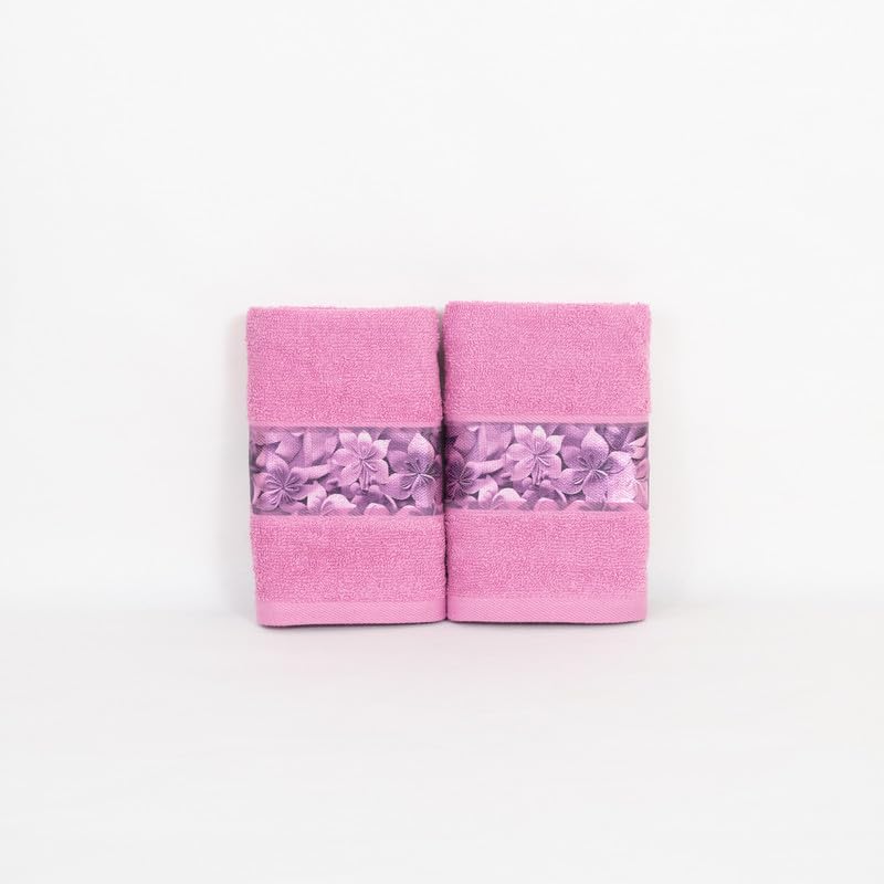 Rangoli 100% Cotton Fibre Hand Towels 440 Gsm | Highly Durable & Absorbent With Printed Border | Quick Drying Towels (Pink) - Pack Of 2