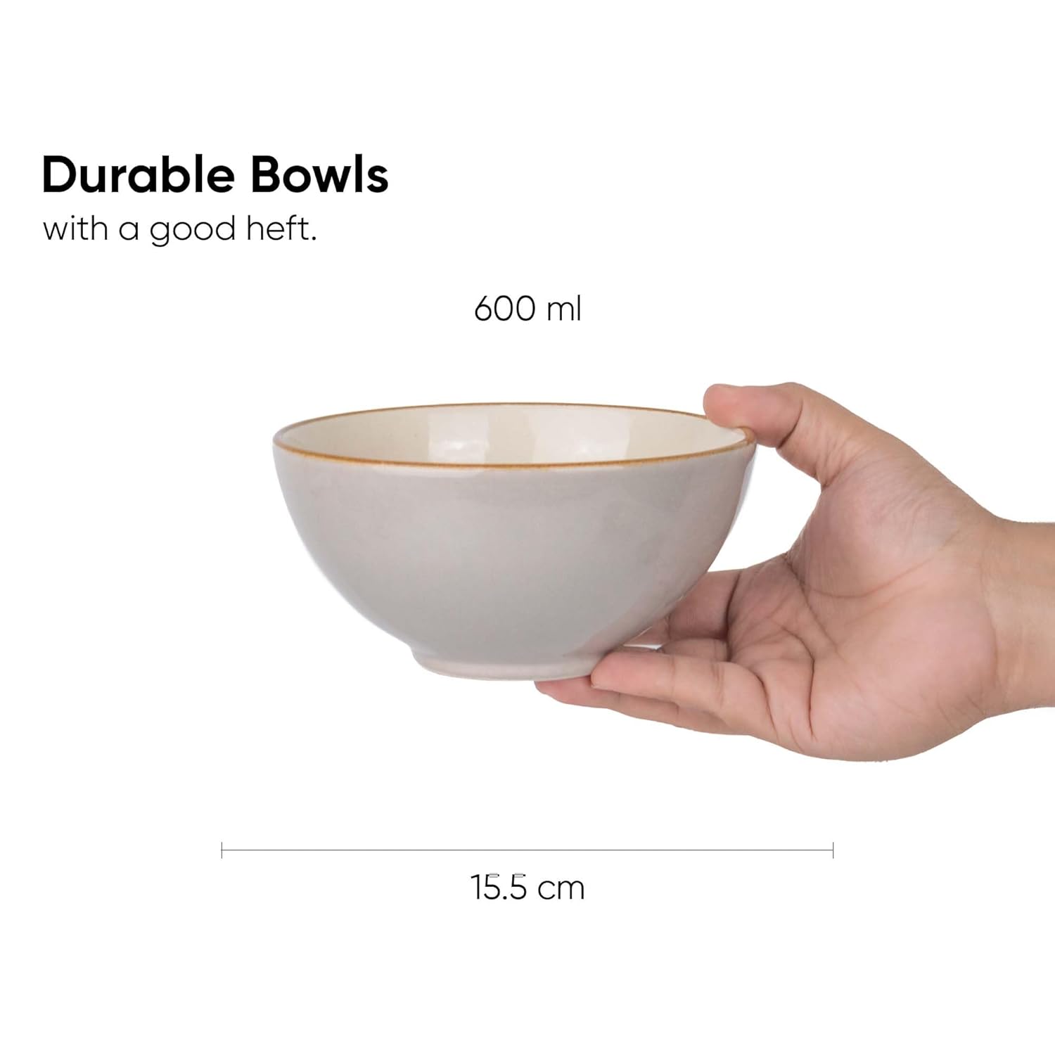 Ceramic Cereal Bowl Set Of 2 Pieces - 15cm, Grey Ivory, 600ml Each | Glossy Finish - Stoneware Ceramic Serving Bowls | Cereal Bowl - Maggi Bowl - Ceramic Bowl | Microwave Safe