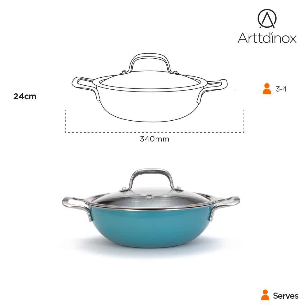 Vida Stainless Steel Triply Kadhai With Glass Lid - 24 Cm, 2.7 Liters | Etched Nonstick Kadai - Rivet Less Wired Double Handles | Induction & Gas Base