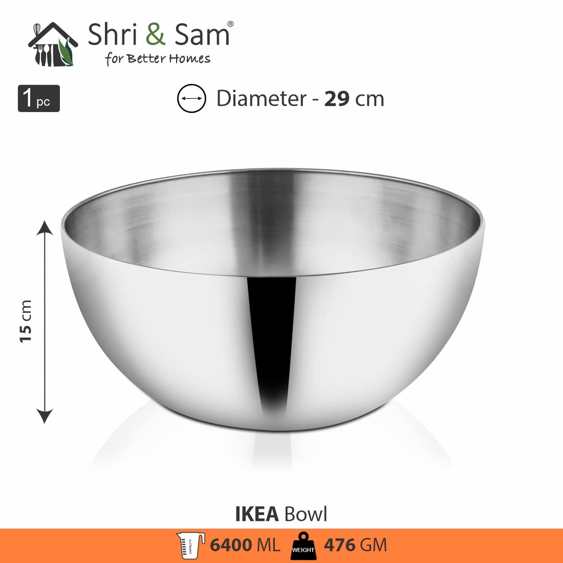 Silver Stainless Steel Ikea Bowl - 29 Cm, 6400ml | Dishwasher Safe, Rust Free & Lightweight