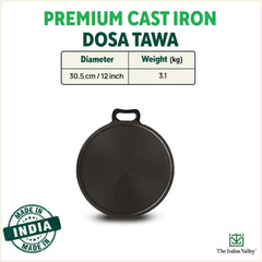 Super Smooth Cast Iron Tawa For Dosa, Chapathi + Free Spatula - 30.5cm, 12 Inch, 3 Kg | Induction Friendly, Naturally Nonstick, Pre-Seasoned Tawa, 100% Pure & Toxin-Free