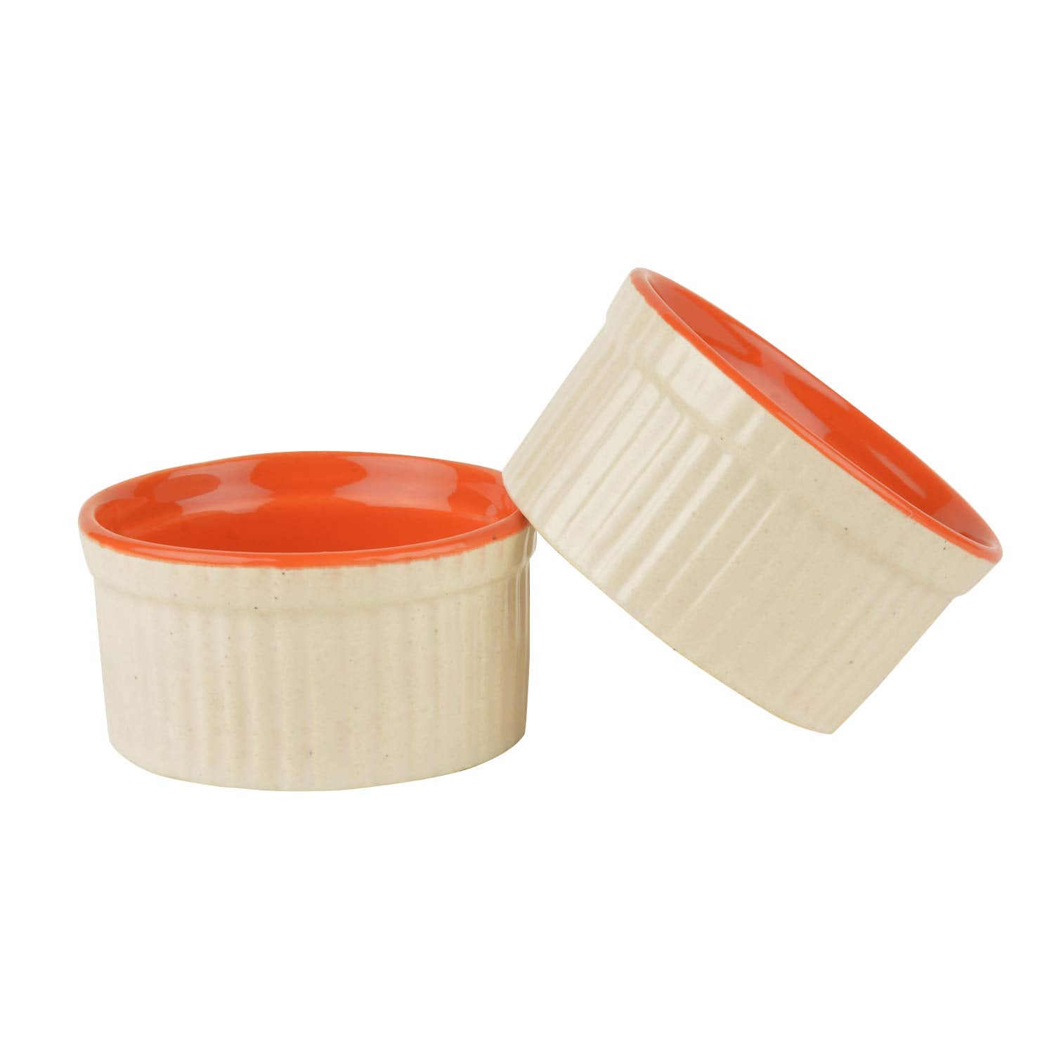 Studio Pottery Ceramic Dessert Dip Bowls Set Of 2 - 150ml Each, White & Orange | Chutney Bowls - Ketchup Bowls