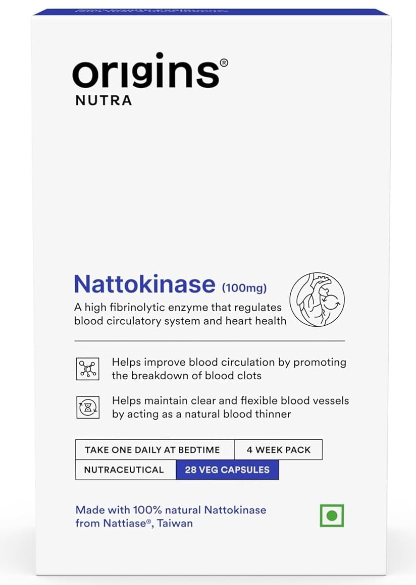 Origins Nutra Nattokinase Promote Heart Health, Natural Blood Thinner, Control Blood Pressure | Gmp Certified, For Men & Women | 28 Capsules, 50gm 0.1lbs