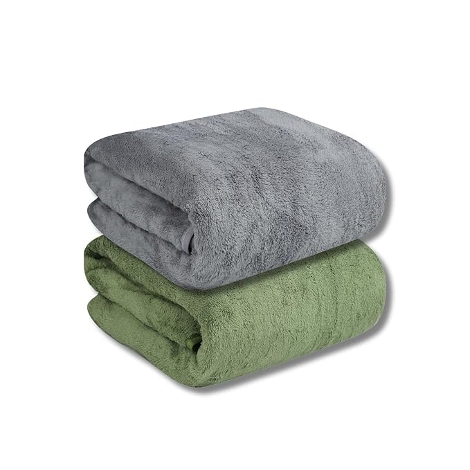 Maxoshine Microfiber Bath Towels Large Size-Super Soft Coral Fleece Bathing Towel With Hook Quick Dry Super Absorbent-Bath Towel For Men & Women (Green/Grey, Pack Of 2)
