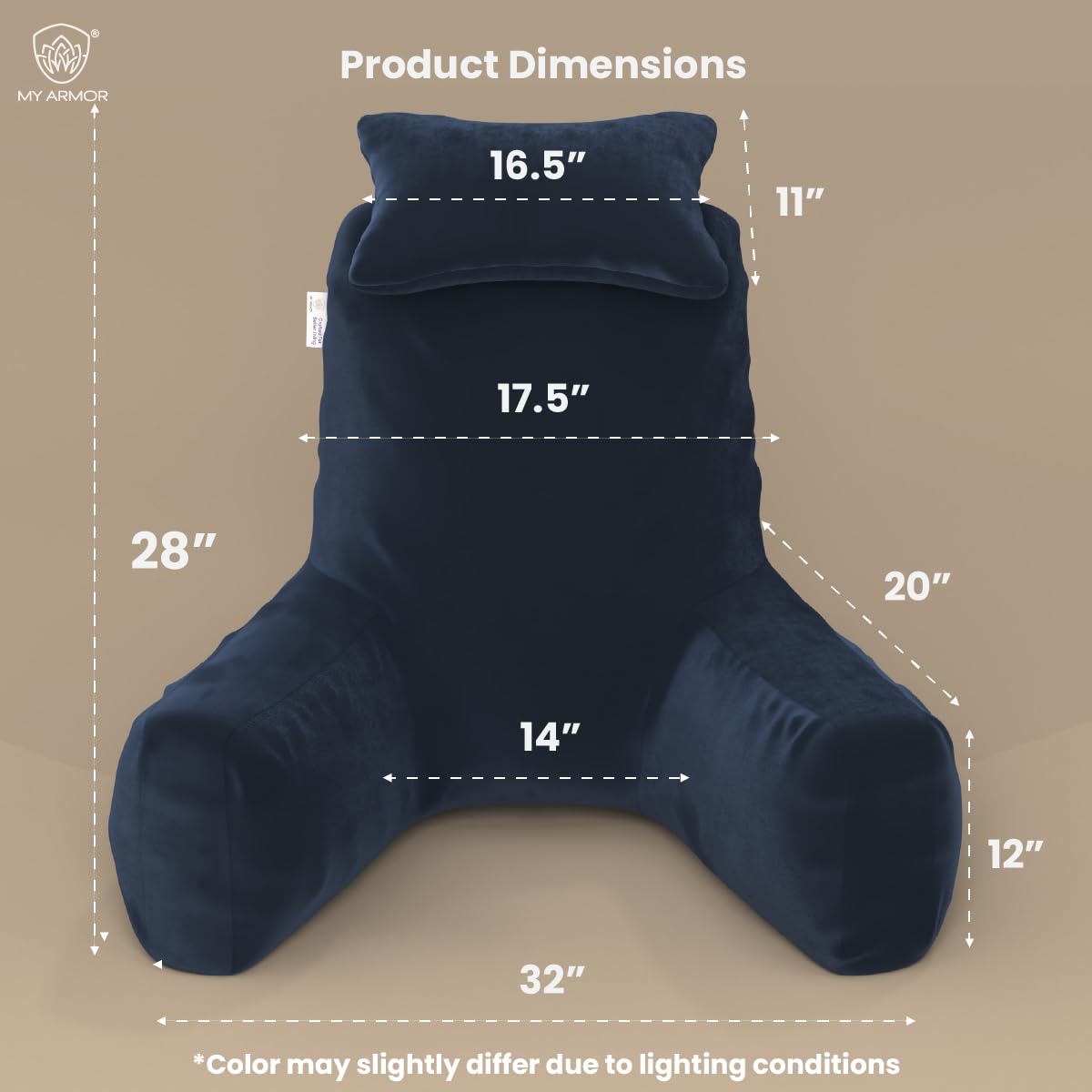 Backrest Pillow For Bed With Detachable Neck Rest & Support Arms, Navy Blue | Soft Reading Pillow, Back Support Wedge Pillow For Working, Seating & Relaxing In Bed, Adjustable Pillow