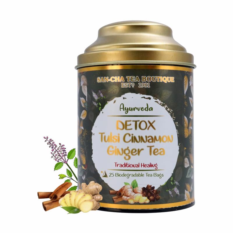 San-Cha Ayurveda Detox Tulsi Cinnamon Ginger Herbal Tea - 25 Biodegradable Pyramid Tea Bags | Boosts Immunity, Fights Bacteria - Caffeine Free