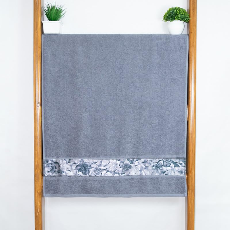 Rangoli 100% Cotton Fibre Bath Towels 450 Gsm | Highly Durable & Absorbent With Printed Border | Quick Drying Towels (Grey)